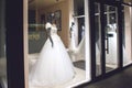 KROPIVNITSKIY; UKRAINE Ã¢â¬â 22 September; 2018: Black female mannequin in wedding dress in showcase. Bridal dresses Salon Showcase